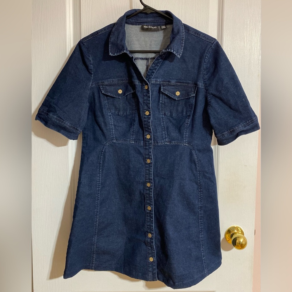 Nina Leonard Mini Buttoned Denim Jean Short Sleeve Blue Pockets Dress Size Large